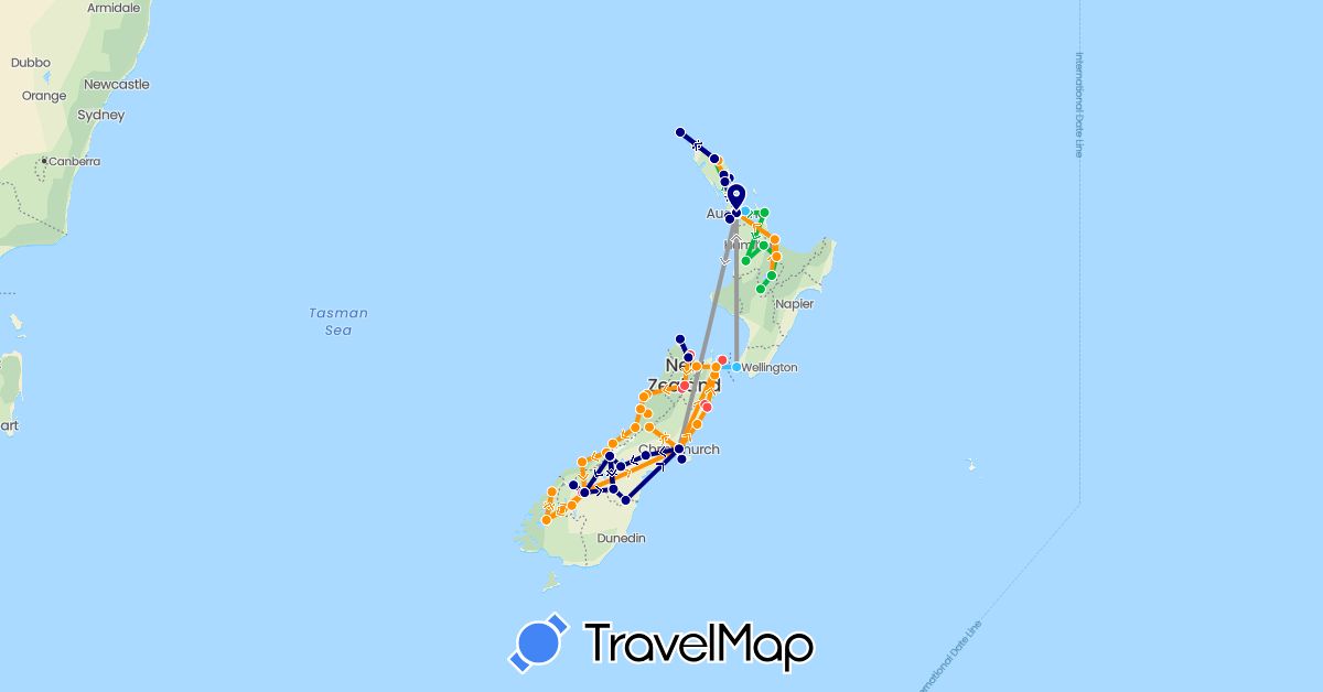 TravelMap itinerary: driving, bus, plane, hiking, boat, hitchhiking in New Zealand (Oceania)